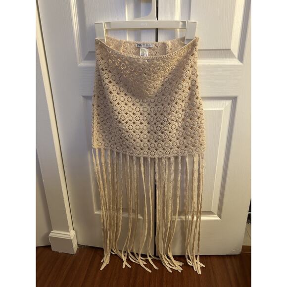 Zara Crochet Knit Fringed Skirt New Small S Ecru Bohemian Frills Swim Cover-up - Picture 5 of 5